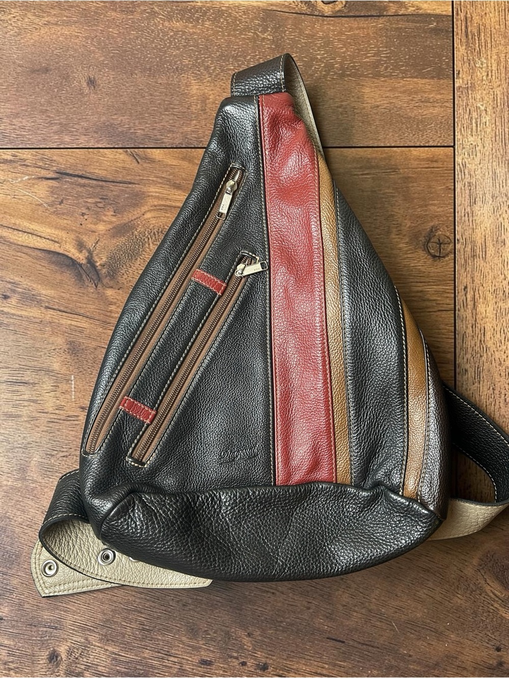 Diagonal Genuine Leather Sling Backpack Colorblock Black Burgundy Brown